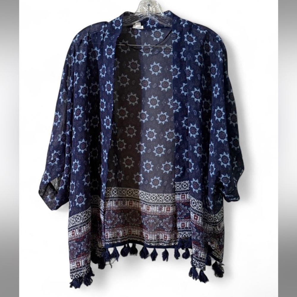 Bohemian Blue and White Kimono with Tassels